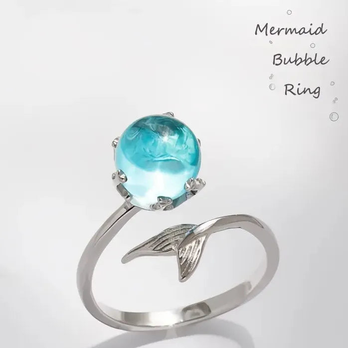 Adjustable Silver Plated Blue Mermaid Fish Tail Bubble Ring for Women Girls