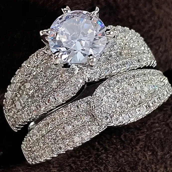 2Pcs Silver & Gold CZ Rings Set Bridal Wedding Jewelry Full Bling Luxury