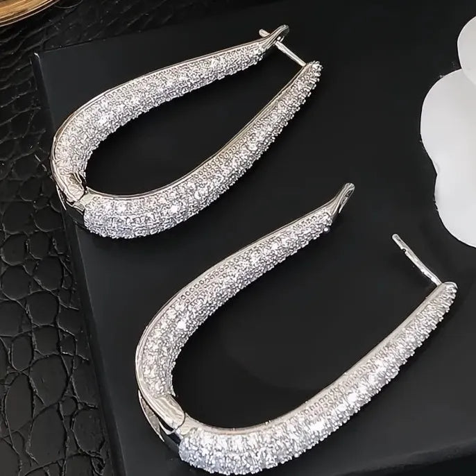 Silver Color Hoop Earrings for Women with Bright Cubic Zirconia, Fashion Party Jewelry Gift
