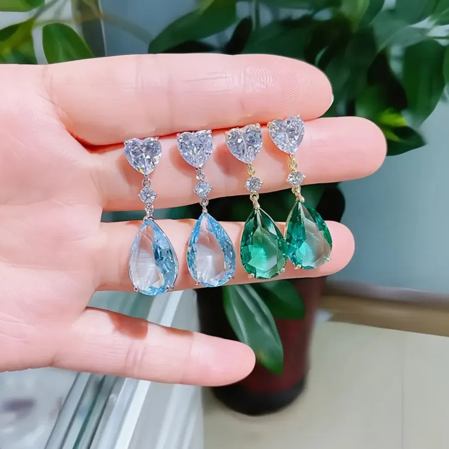 Elegant Blue Green Geometric Drop Earrings with Pear Cubic Zirconia
