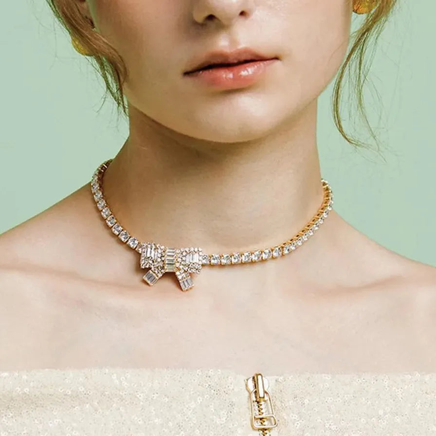 18K Gold Plated Bow Knot CZ Zircon Clavicle Necklace for Women Elegant Jewelry