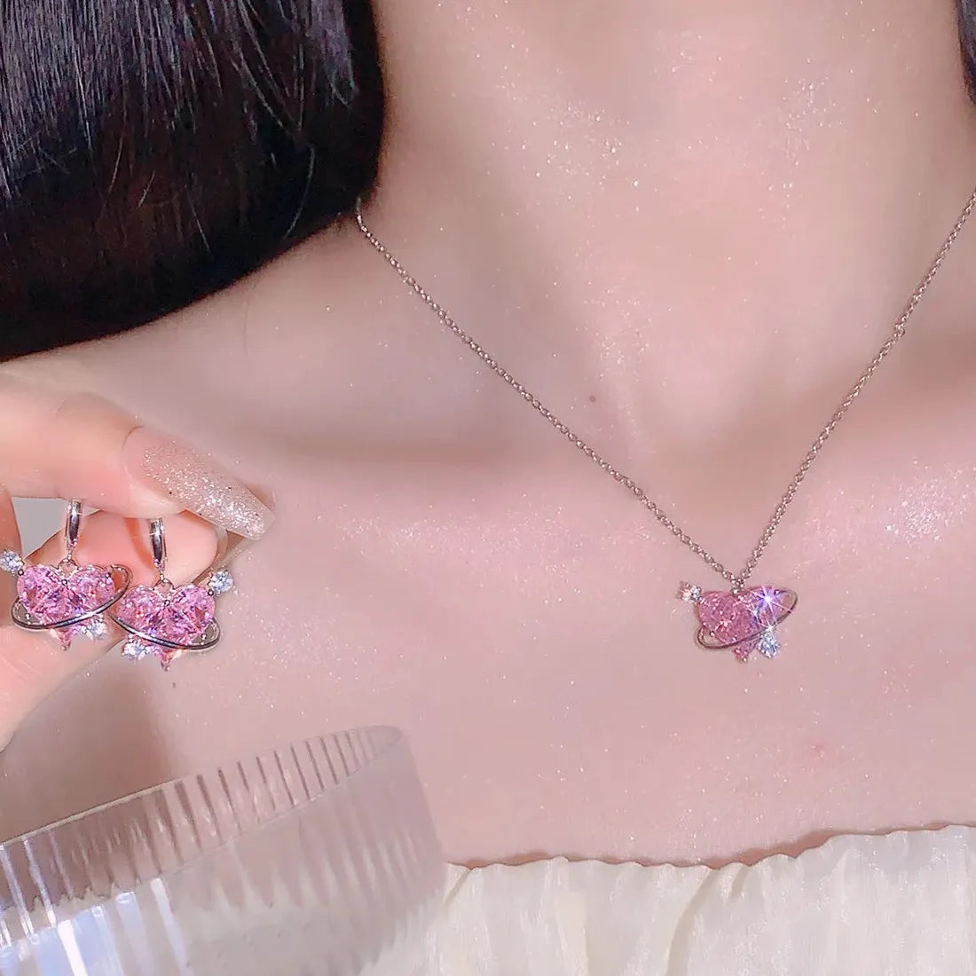 Pink Heart Crystal Necklace & Earrings Set Zinc Alloy Kpop Jewelry Gift