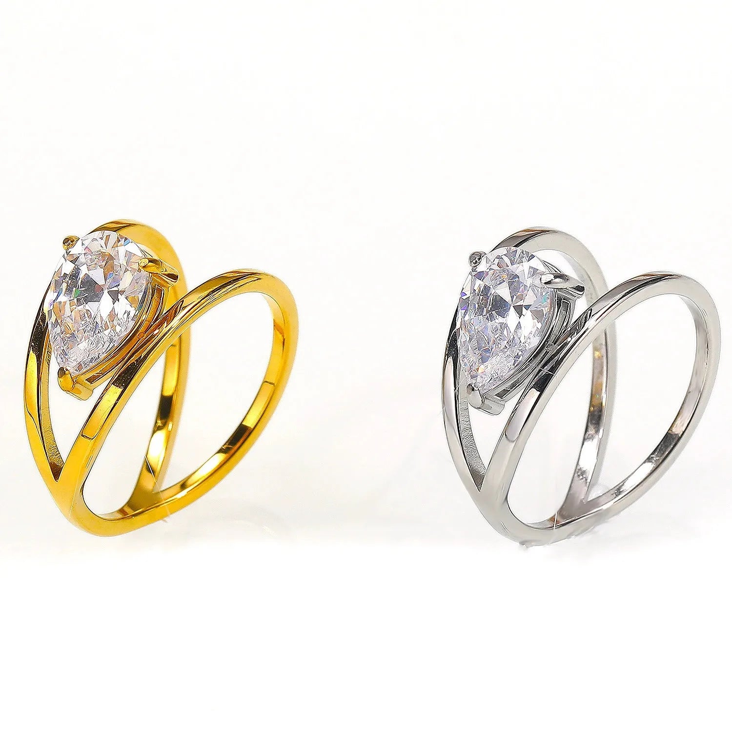 18k Gold Plated Stainless Steel Double Layer Circle Waterdrop Zircon Ring Women