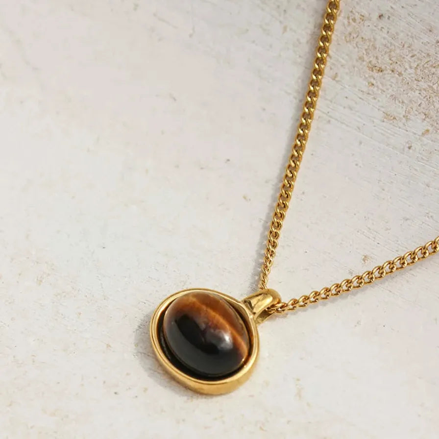 18K Gold Plated Tiger Eye Stone Necklace Geometric Pendant Hypoallergenic Jewelry