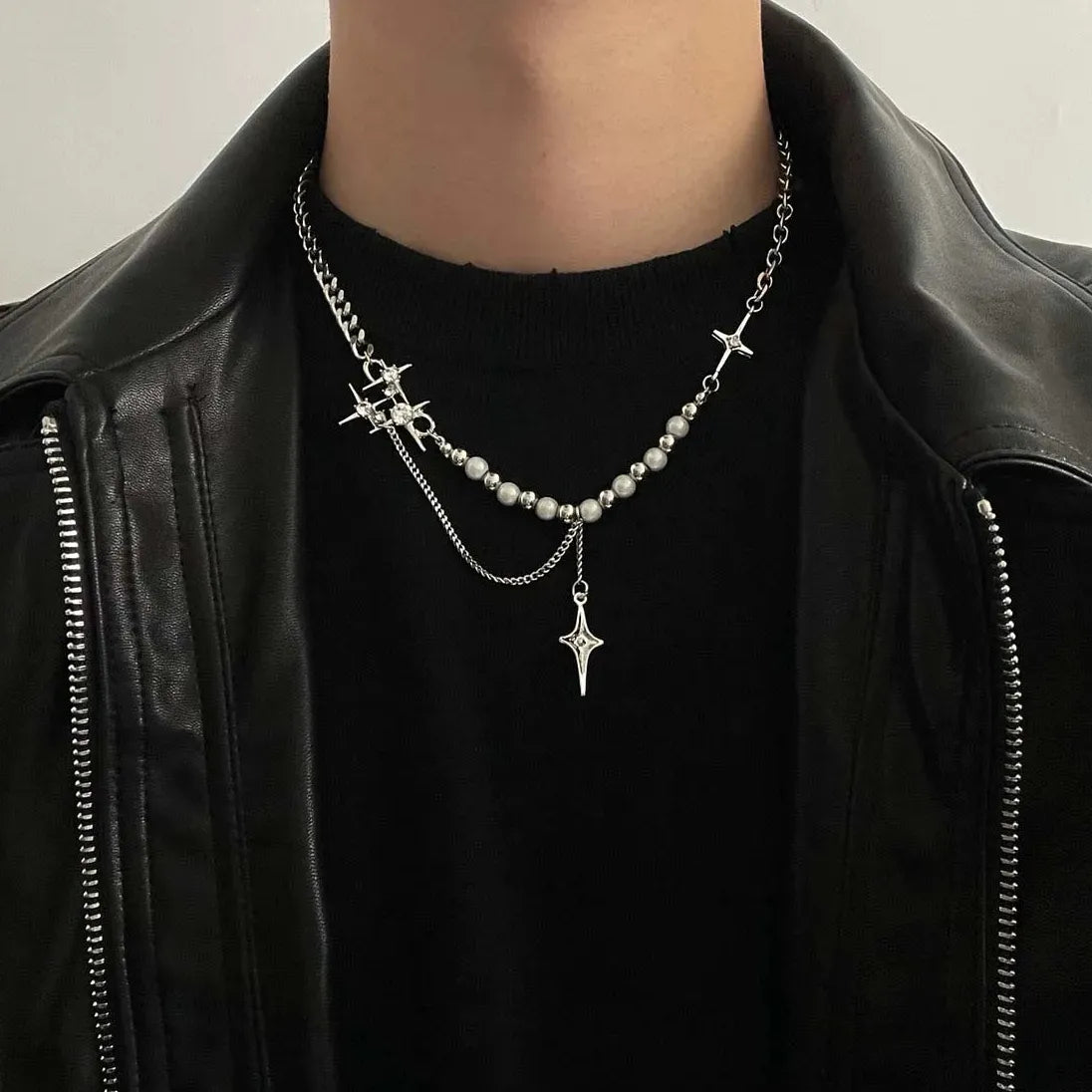 Kpop Star Pendant Necklace Men Women Beaded Pearl Tassel Choker Jewelry