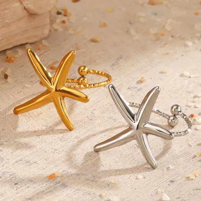 Adjustable Stainless Steel Gold Starfish Ring Vintage Beach Jewelry Women