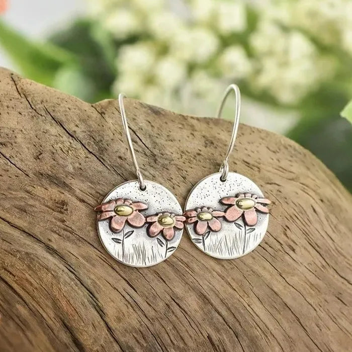 Fashionable Zinc Alloy Circular Floral Drop Earrings for Women Spring Summer