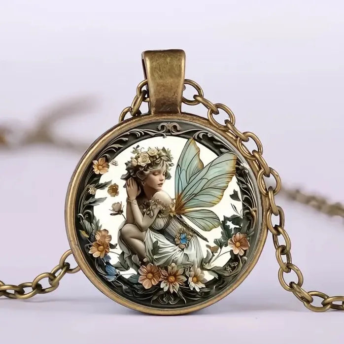 Vintage Round Butterfly Fairy Glass Dome Pendant Necklace Gift Zinc Alloy