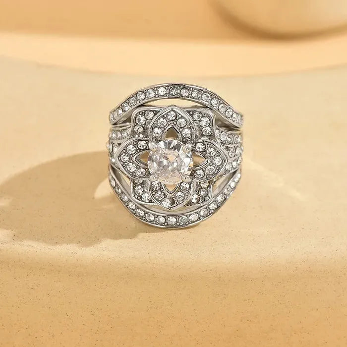 Elegant 3-Piece Women's Engagement Ring Set with Sparkling Zircon Flowers Zinc Alloy