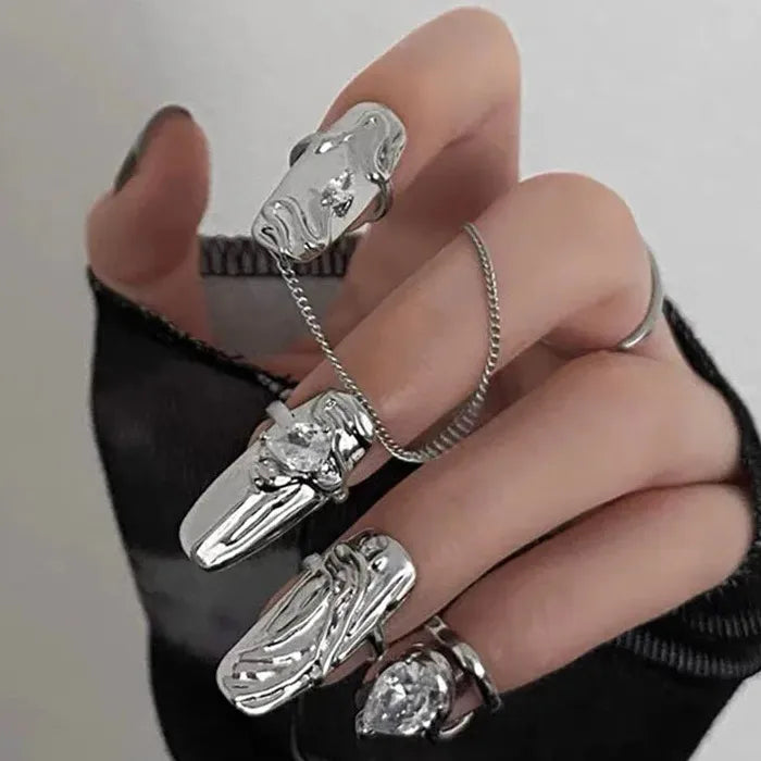 Adjustable Korean Style Geometric Silver Alloy Ring Set for Women Jewelry