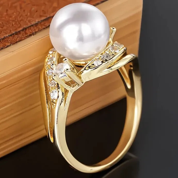 Luxury Imitation Pearl Cubic Zirconia Brass Ring Wedding Gift for Women