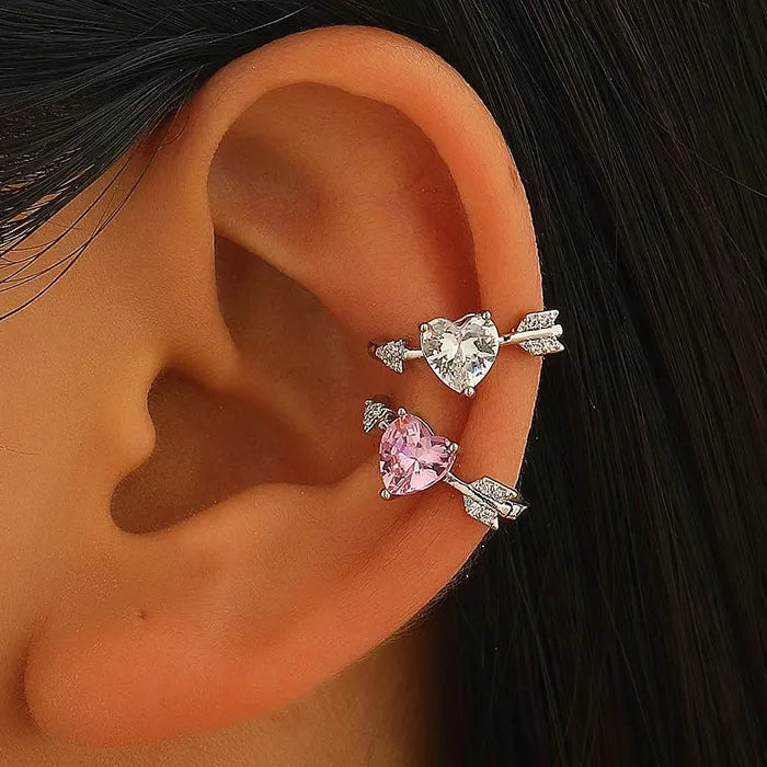 Adjustable Arrow-Through-Heart Zircon Clip Earrings for Women Zinc Alloy Jewelry