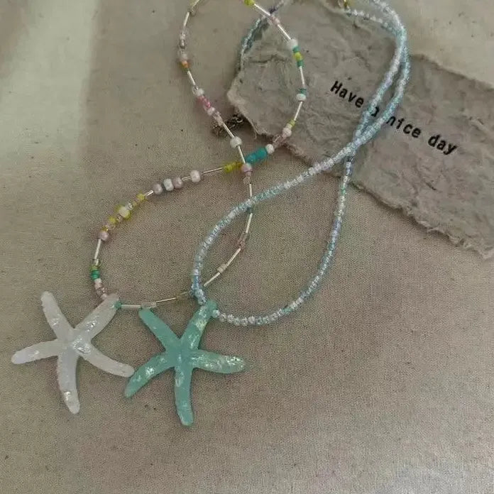 Y2K Blue Acrylic Starfish Pendant Necklace for Women Colorful Bead Choker