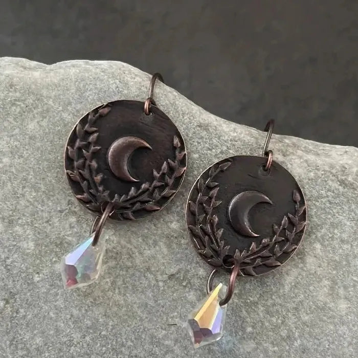 Vintage Red Copper Moon Pattern Drop Earrings for Women with Crystal Pendant Jewelry