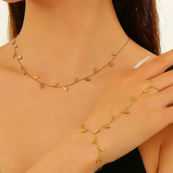 Stainless Steel Leaf & Geometric Bracelet Necklace Set for Women Gift
