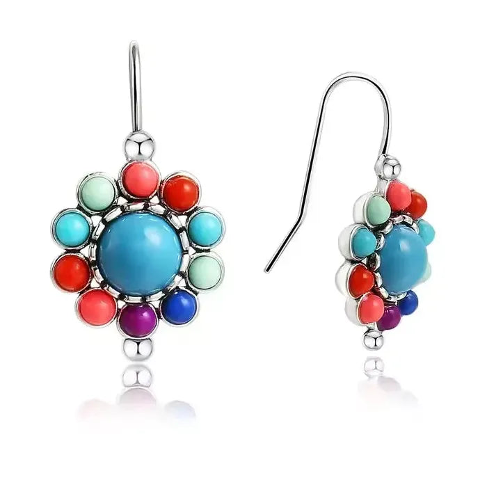 Vintage Sunflower Pendant Earrings Set with Multi-Colored Synthetic Gemstone for Women