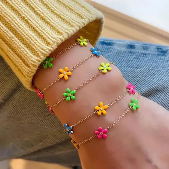 Handmade 18k Gold Plated Multicolor Enamel Wildflower Daisy Bracelet Anklet Gift