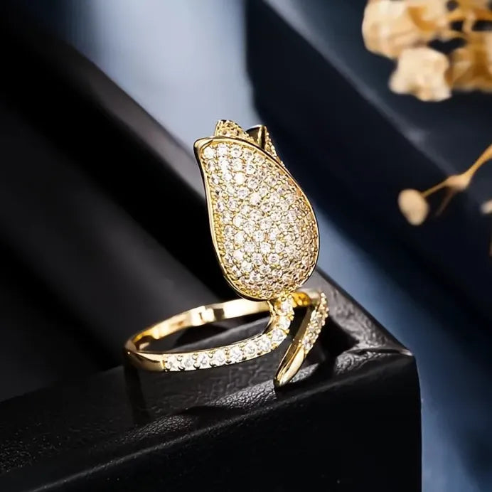 Adjustable Tulip-Shaped Women’s Ring with CZ Brass Flower Design