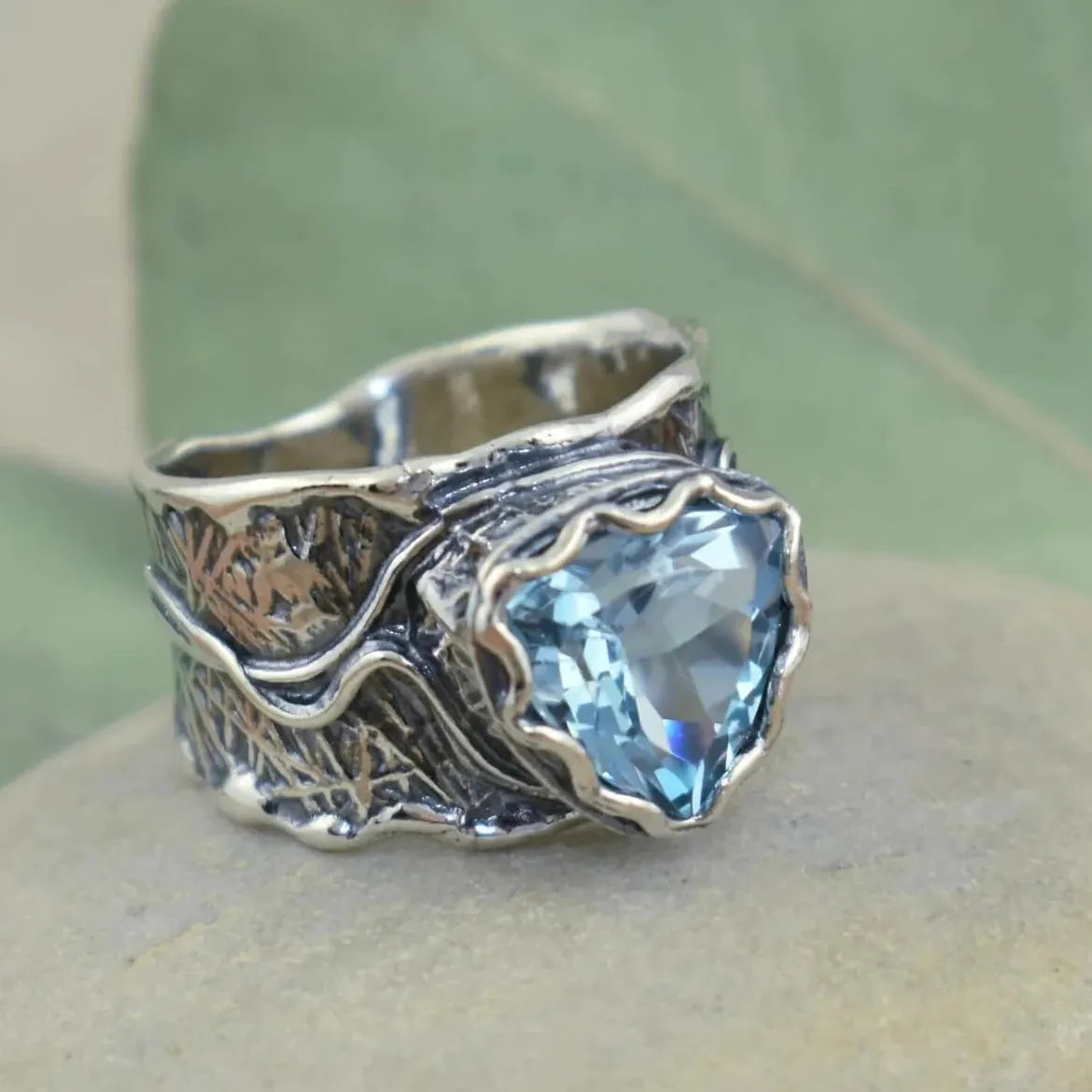 Silver-Plated Boho Ring with Blue Gemstone Inlay Vintage Style for Women