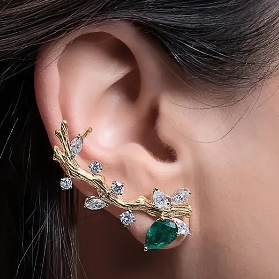 2022 Green White CZ Cubic Zirconia Branch Clip Earrings Copper Alloy