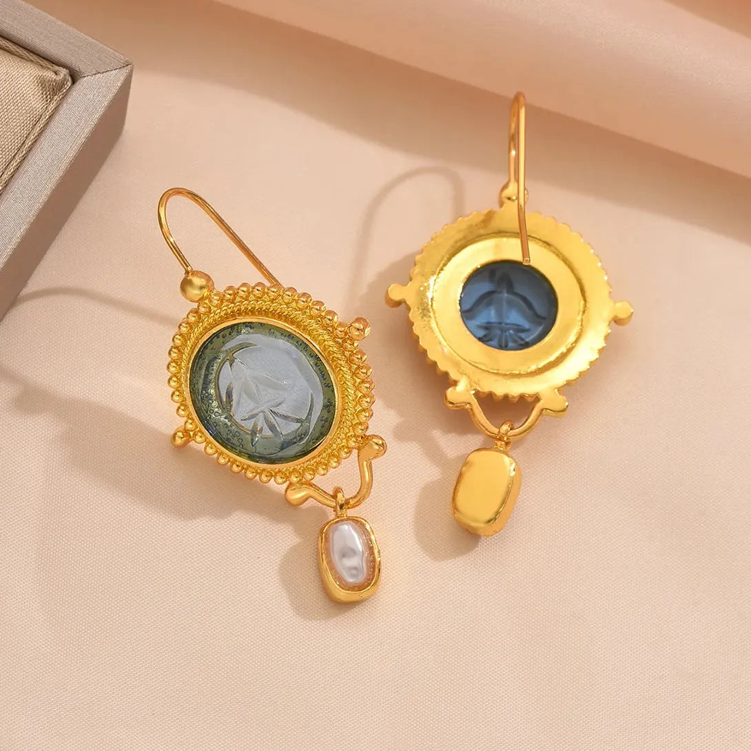 Blue Geometric Inlay Imitation Pearl Drop Earrings for Women Party Jewelry