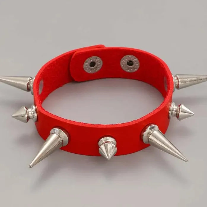 Punk Gothic Metal Spike Rivets Chain Cuff Bracelet Black PU Leather Adjustable Wristband