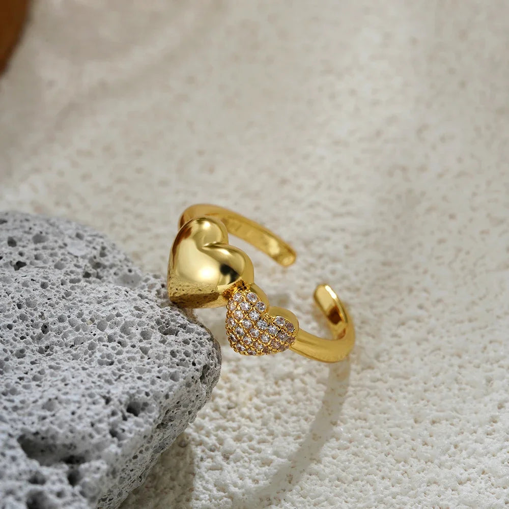 18K Gold Plated Double Heart Ring for Women Adjustable Micro Pave Zircon Jewelry