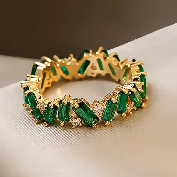 Geometric Green Cubic Zirconia Brass Wedding Band Ring for Women Bridal Jewelry