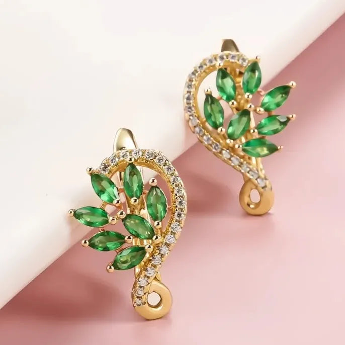Women Copper Alloy Hoop Earrings with Leaf Design and Green Cubic Zirconia