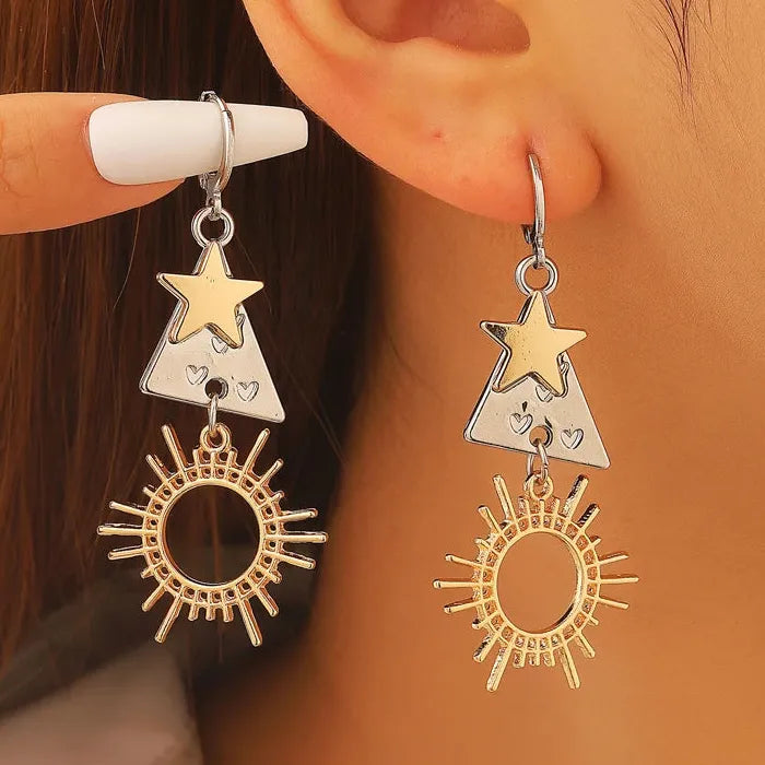Vintage Zinc Alloy Geometric Sun Star Heart Triangle Drop Earrings Gift