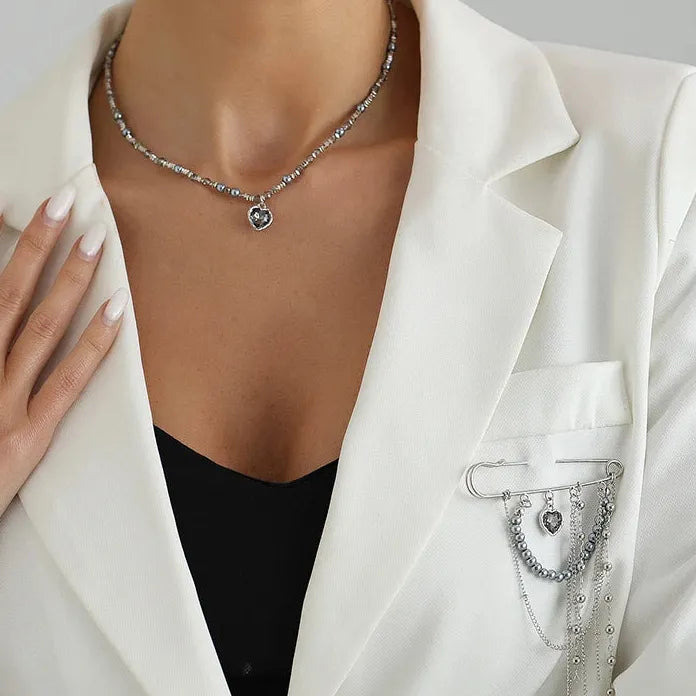 Black Crystal Heart Pearl Tassel Brooch & Pendant Necklace Zinc Alloy