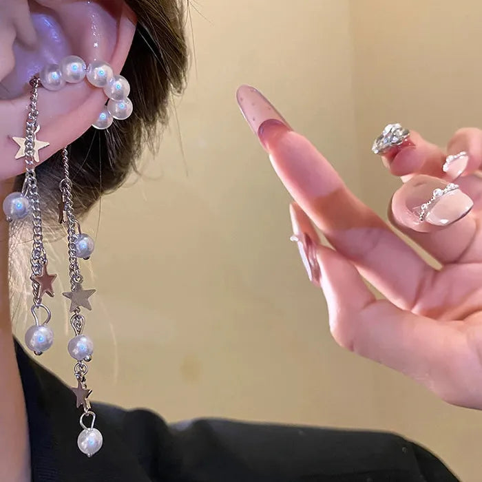 Adjustable Pearl Beaded Tassel Clip Earrings Non-Pierced Ear Cuff Gift
