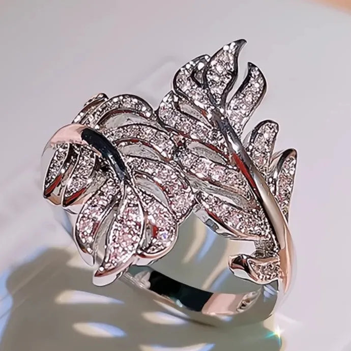 Silver Plated Leaves Ring with Crystal Cubic Zirconia Wedding Band for Women