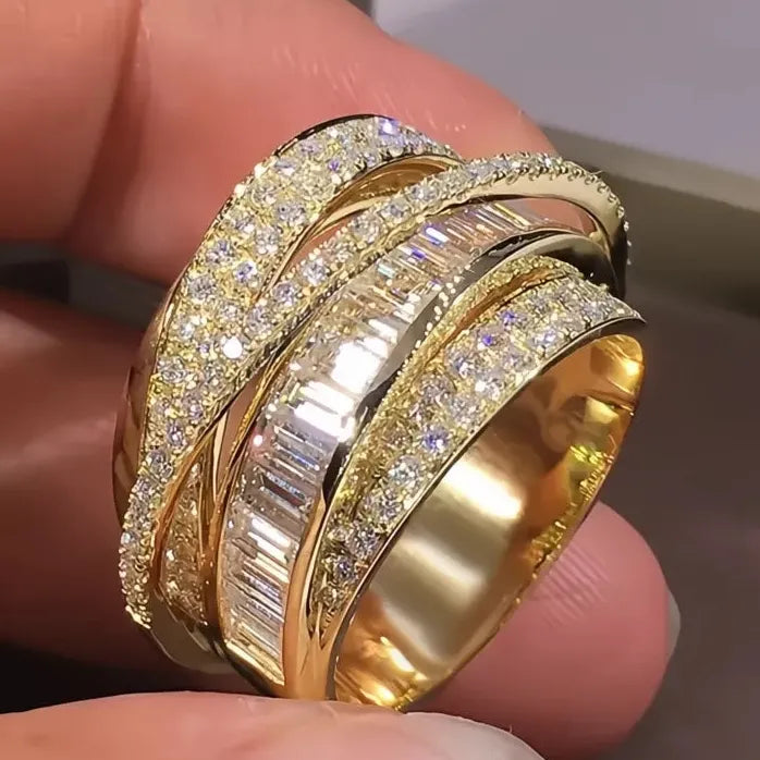 Gold Geometric Wedding Ring Women Cubic Zirconia Sparkling Jewelry