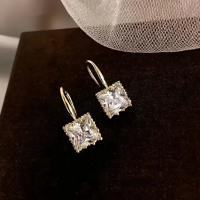 Dainty Square Cubic Zirconia Drop Earrings for Women Wedding Jewelry