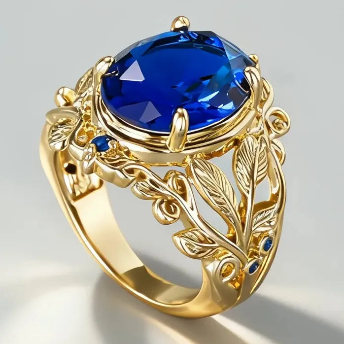Elegant Women's Brass Ring with Blue Cubic Zirconia Leaf Design Wedding Jewelry
