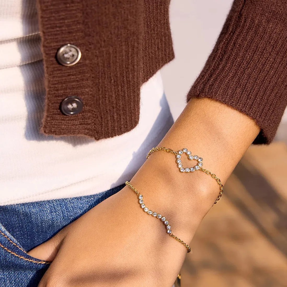Charm Sparkling Mini Zircon Geometric Heart Tennis Bracelet Women Stainless Steel PVD Gold Plated