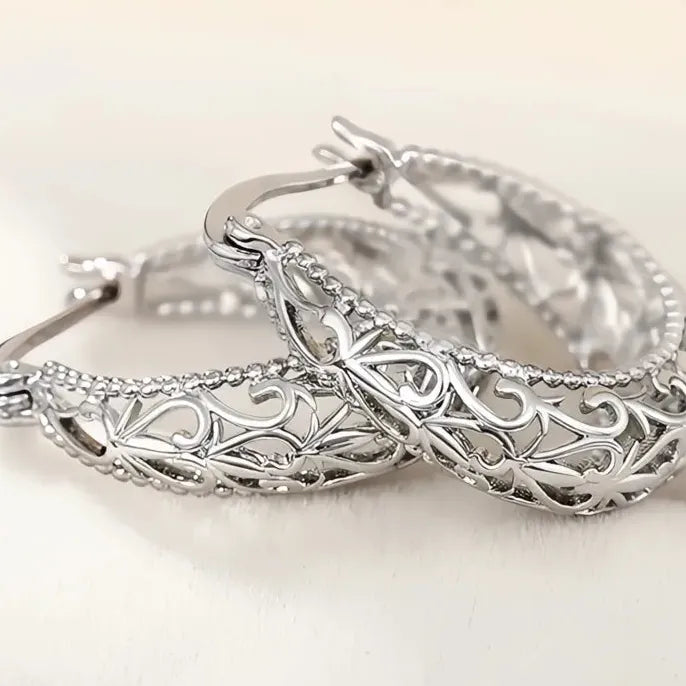 Graceful Hollow-Out Design Metal Hoop Earrings for Women Elegant Anniversary Jewelry Silver Color