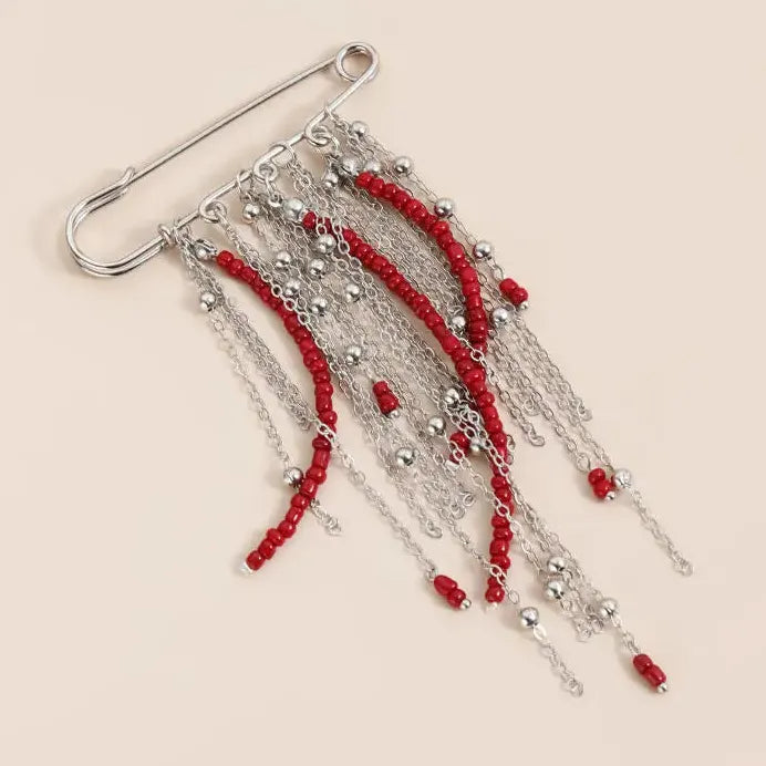 Retro Red Beaded Tassel Punk Brooch Pin Zinc Alloy Metal Jewelry