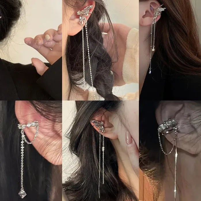 Long Tassel Clip Earrings for Women Girls Pearl Cubic Zirconia Fashion Jewelry