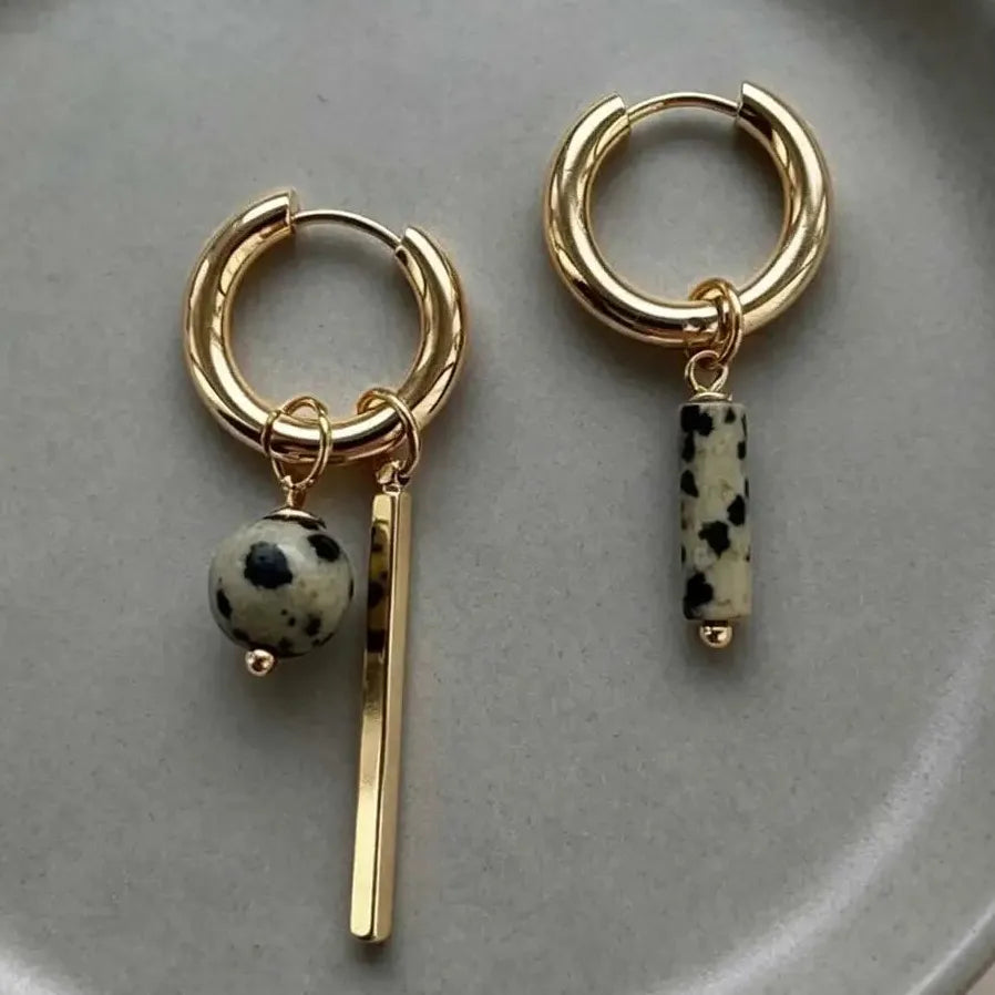 Retro Geometric Asymmetric Hoop Earrings Stone Beading Gift Jewelry