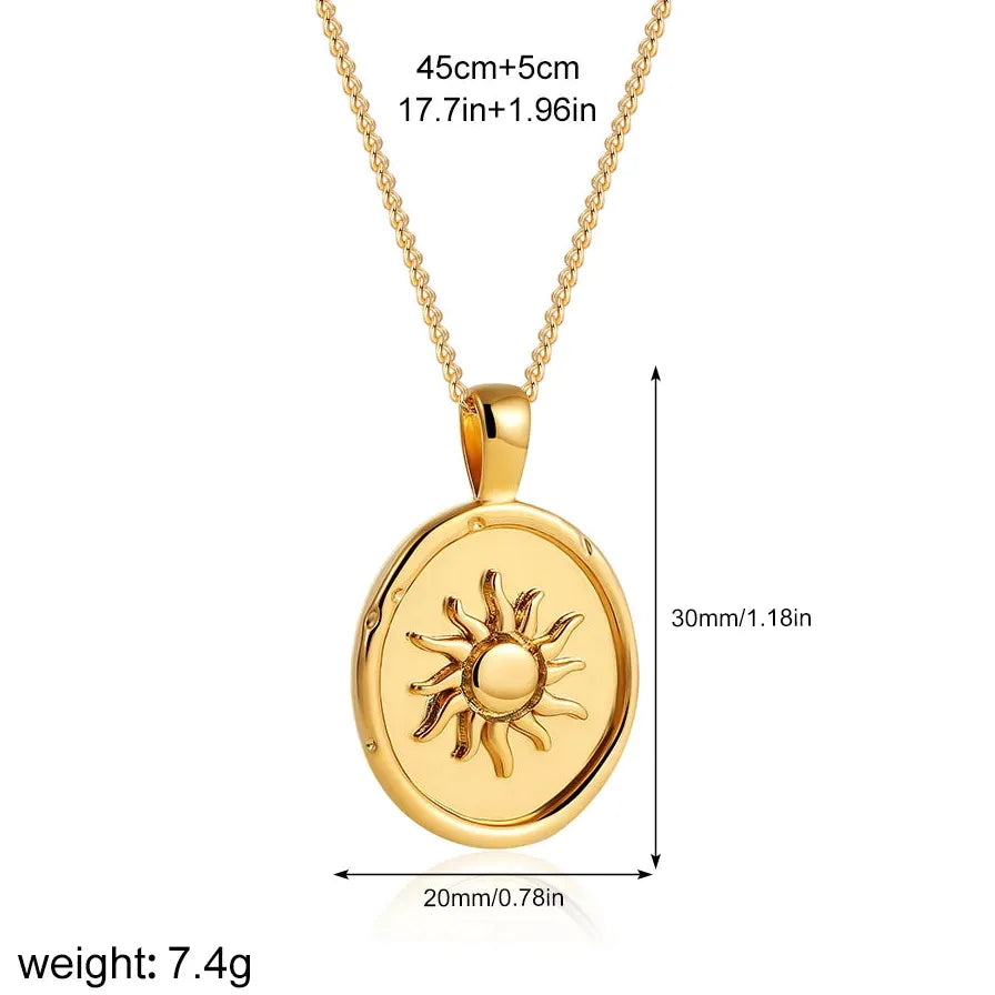18K Gold Plated Oval Sun Star Pendant Necklace for Women Hypoallergenic Choker Stainless Steel