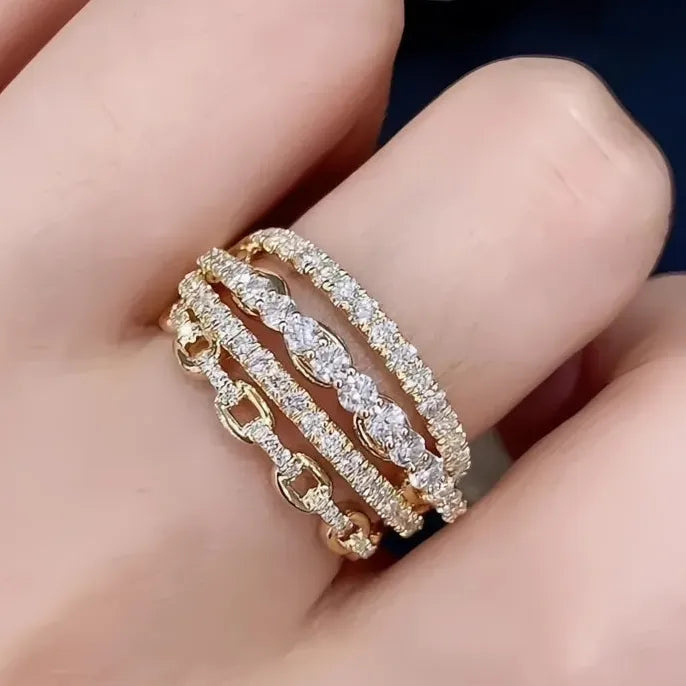 Multi-layer Gold Color Brass Ring with Shiny CZ Inlay for Women Wedding Party