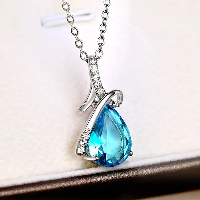 Blue Zirconia Water Drop Necklace for Women Engagement Brass Jewelry
