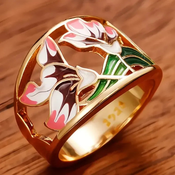 Handmade Brass Enamel Geometric Flower Ring for Women Wedding Jewelry