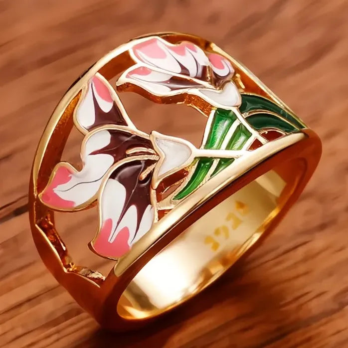 Handmade Brass Epoxy Flower Rings for Women Wedding Party Jewelry