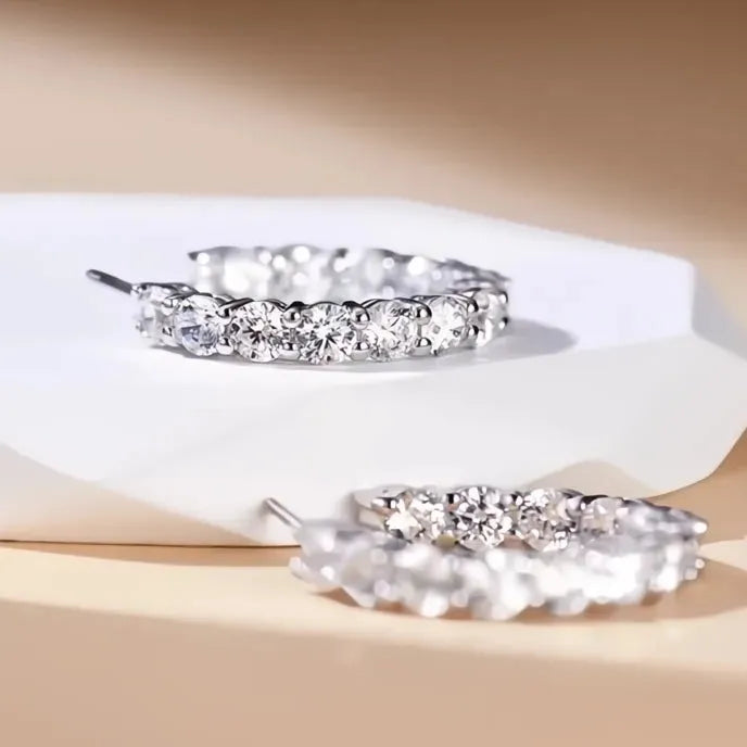Silver Geometric Hoop Earrings for Women, Copper Alloy with Cubic Zirconia, Trendy Wedding Party Jewelry