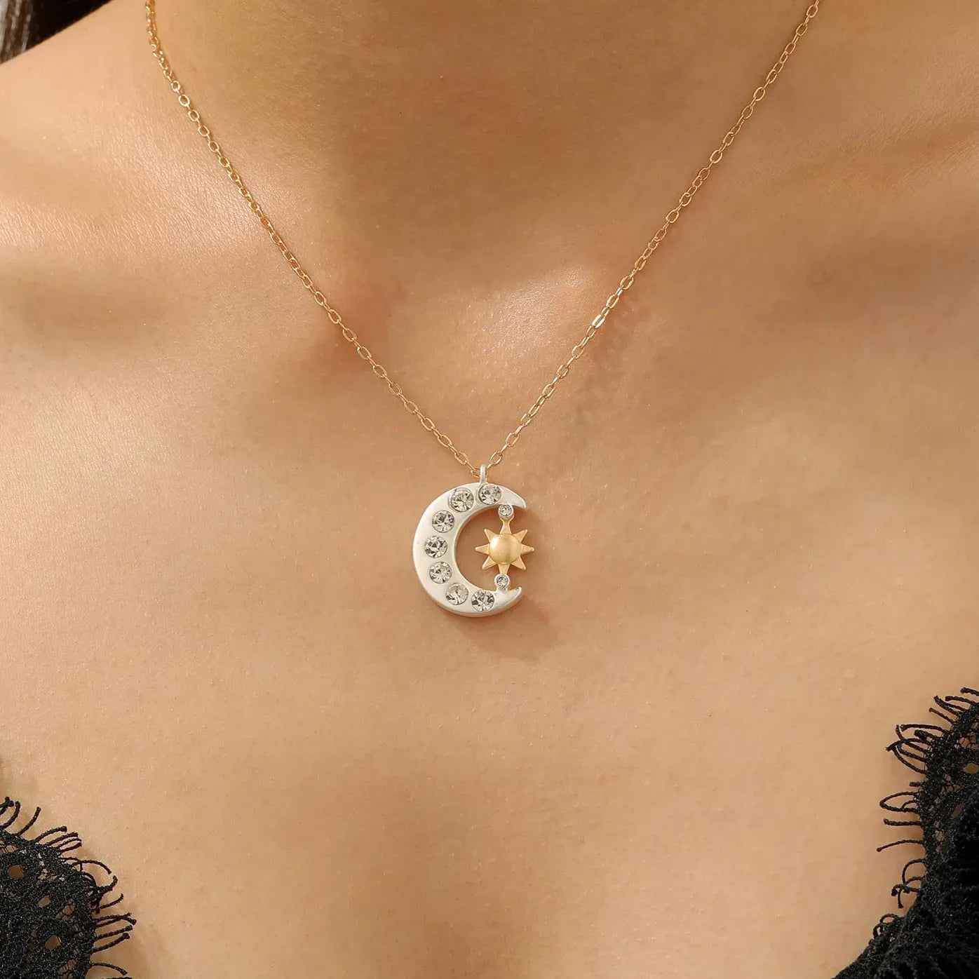 Zircon Moon Sun Pendant Necklace Copper Chain Vintage Gift 2026