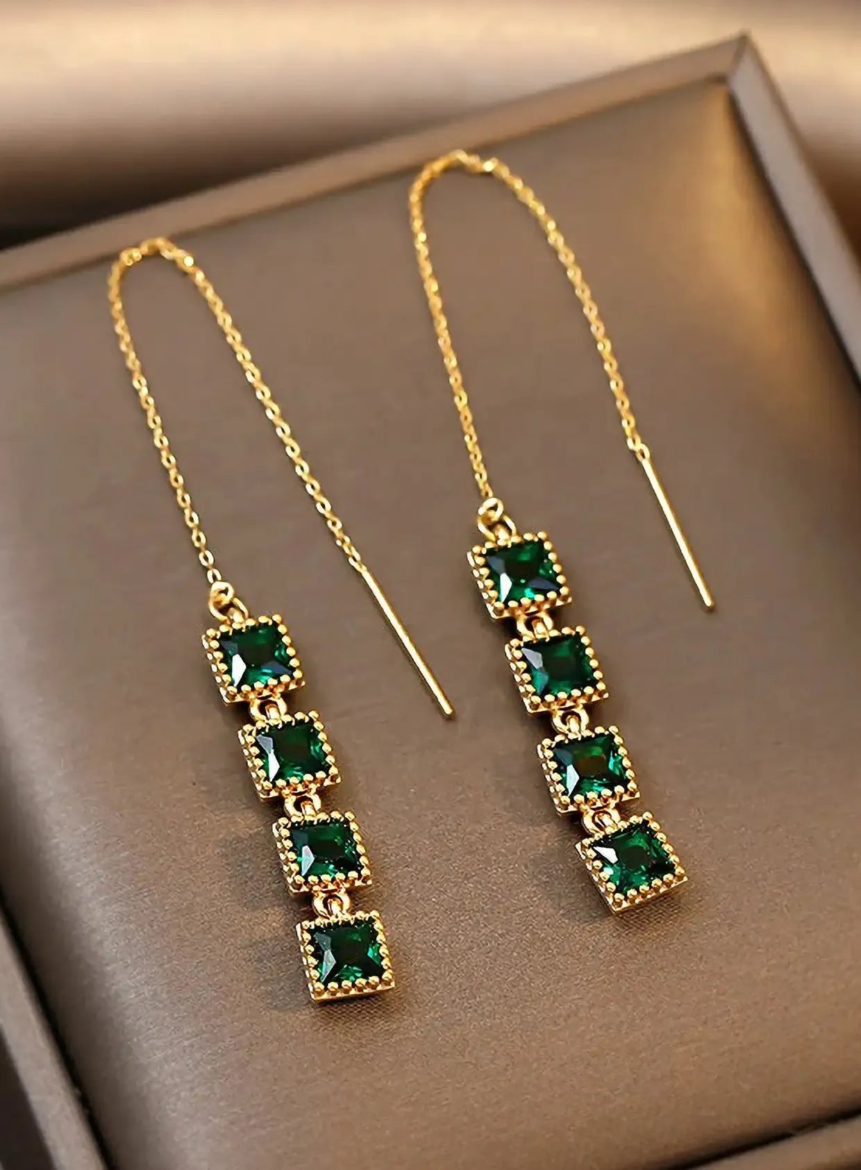 Green Small Square Zircon Drop Earrings for Women Tassel Piercing Christmas Gift