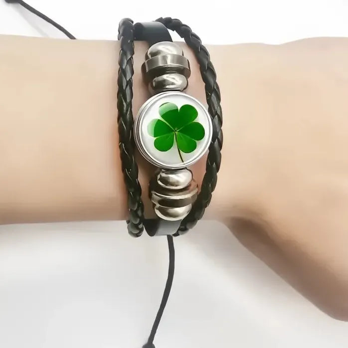 Adjustable Leather Bracelet with Lucky Clover Glass Snap Button Charm Unisex